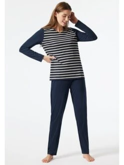 Schiesser Pyjama In Dunkelblau/ Creme -Schiesser Store schiesser pyjama in dunkelblau creme 2