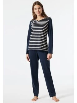 Schiesser Pyjama In Dunkelblau/ Creme